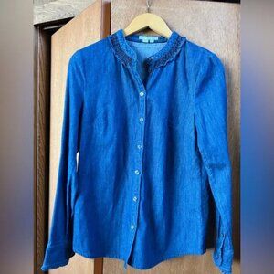 Boden (Size 6) Blue Denim Chambray Cotton Blouse Ruffle Collar Classic Preppy